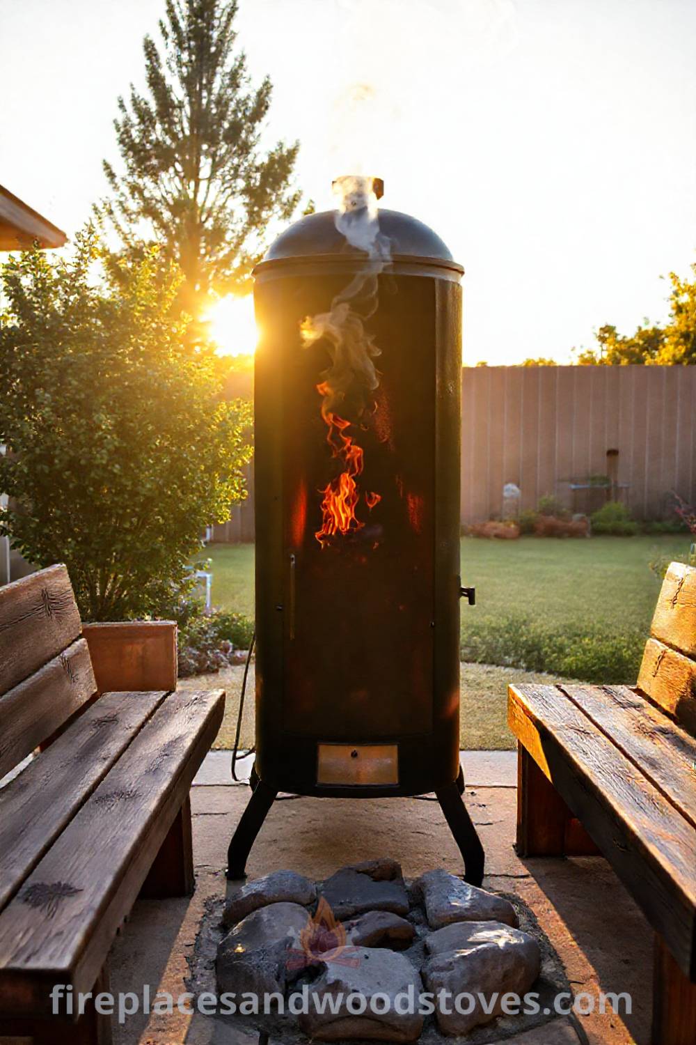 Tall vertical smoker barbecue on a sun-drenched patio with rustic wooden benches and stones, creating a cozy outdoor gathering space perfect for barbecues and family gatherings. Visit patioandhomefurniture.com for incredible outdoor design inspiration.