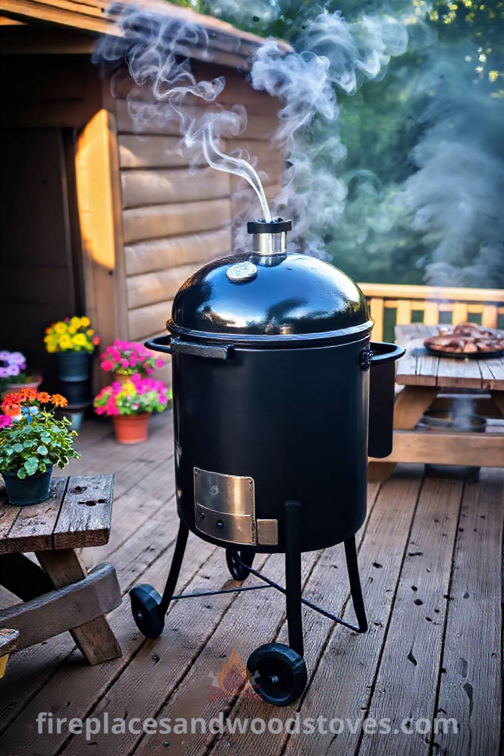 BBQ smoker on a wooden deck surrounded by colorful potted plants, creating a cozy and stylish outdoor space ideal for gatherings and delightful meals. Visit patioandhomefurniture.com for inspiring ideas that will wow your guests.