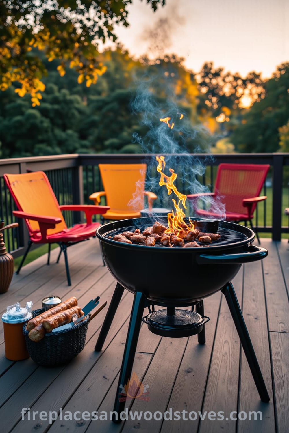 Charcoal barbecue on a wooden deck with flames on the grill, surrounded by colorful patio furniture, creating a cozy outdoor cooking atmosphere perfect for gatherings. Explore decor ideas and inspirations for your home at fireplacesandwoodstoves.com.