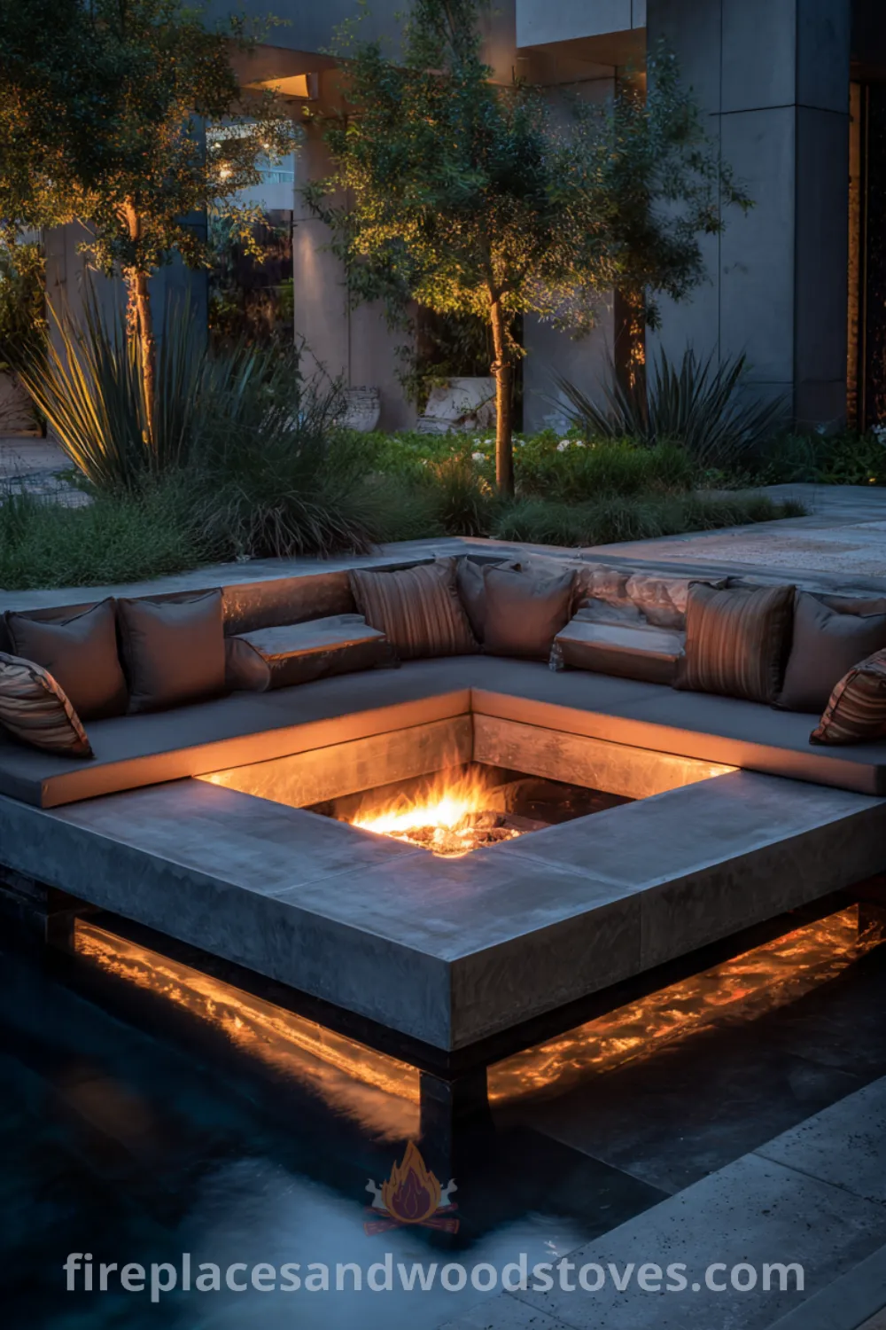 Outdoor lounge with polished concrete fire pit, surrounded by minimalist landscaping and modern luxury fire pit design, creating inviting ambiance and sophisticated atmosphere.