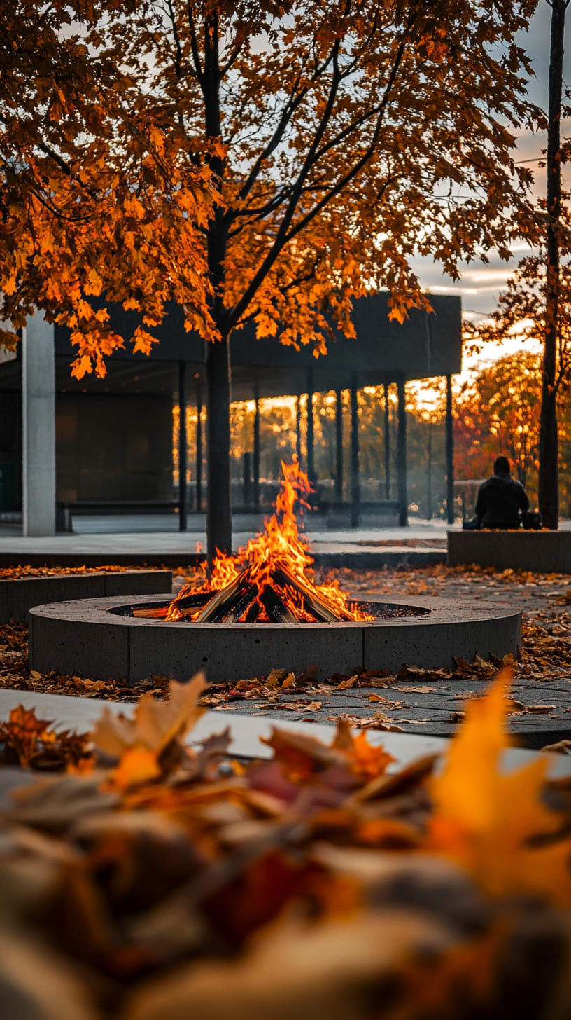 An outdoor fire pit surrounded by autumn leaves and concrete seating, with a modern building in the background and warm sunset light creating a cozy atmosphere.