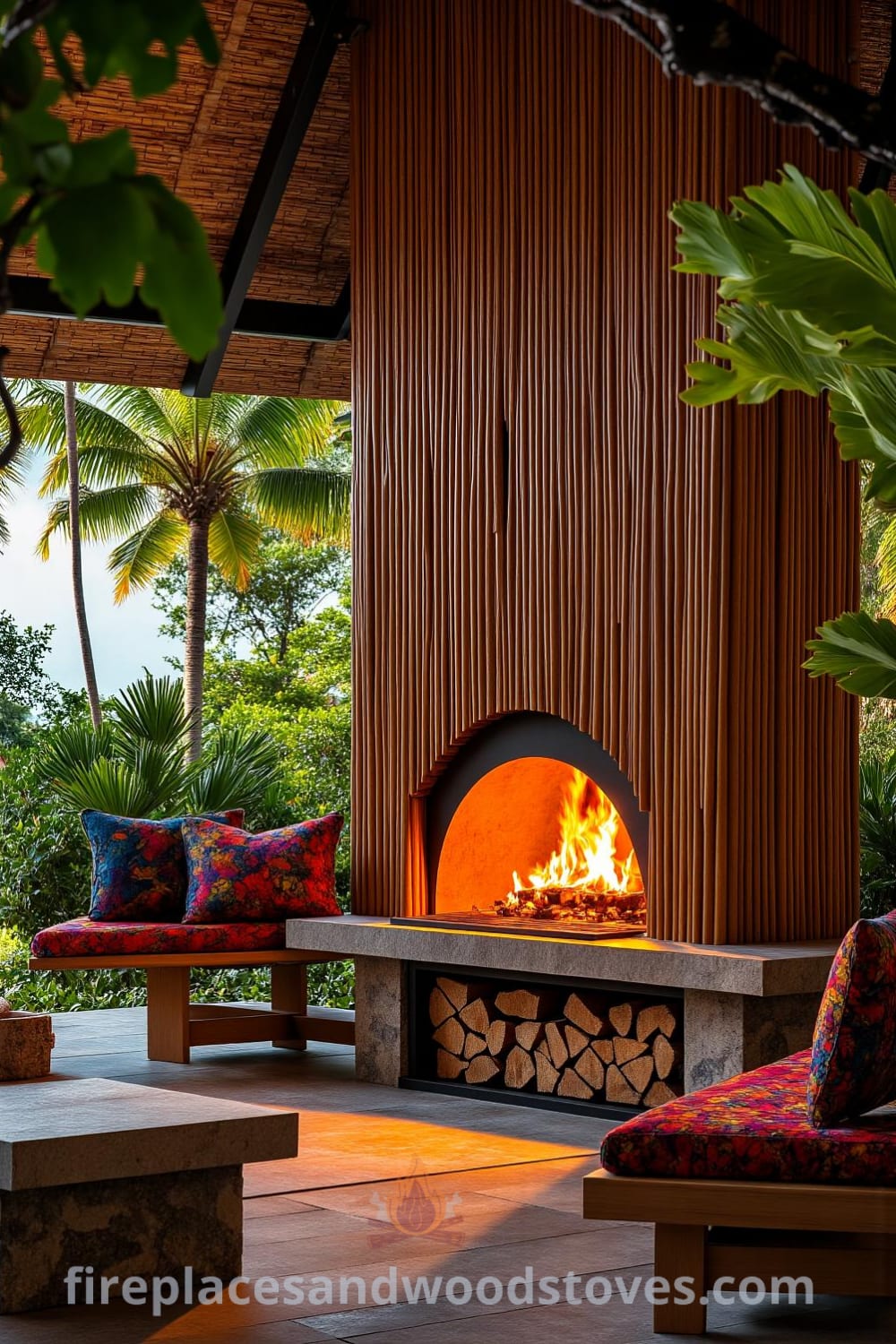 Tropical bamboo barbecue fireplace in a lush open-air patio surrounded by palm trees, with warm flickering fire illuminating the textured stone floor, inviting wooden benches adorned with colorful cushions, and the inviting aroma of grilling food, perfect for cozy ideas and unique designs for your home at fireplacesandwoodstoves.com.