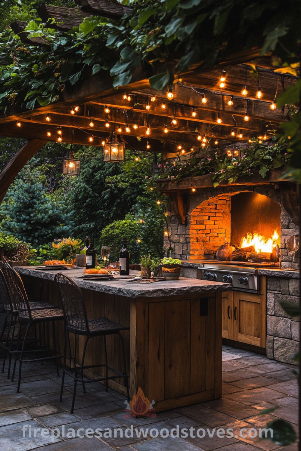 Outdoor kitchen with rustic wood-burning fireplace, stone countertop, and warm wood cabinetry under twinkling fairy lights, creating a charming ambiance for gatherings and shared meals, as seen on wellnesswink.com.