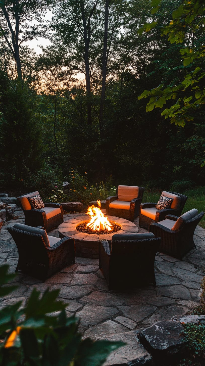 A cozy outdoor seating area with comfortable chairs surrounding an inviting fire pit, set against the backdrop of lush greenery at dusk.