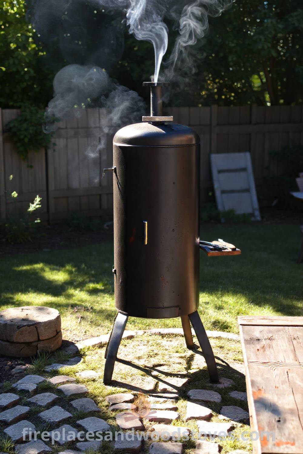Vertical smoker barbecue in a sun-drenched backyard with cobblestone path and weathered wooden table, creating a cozy outdoor cooking space ideal for gatherings and culinary delights. Visit patioandhomefurniture.com for incredible outdoor design inspiration.