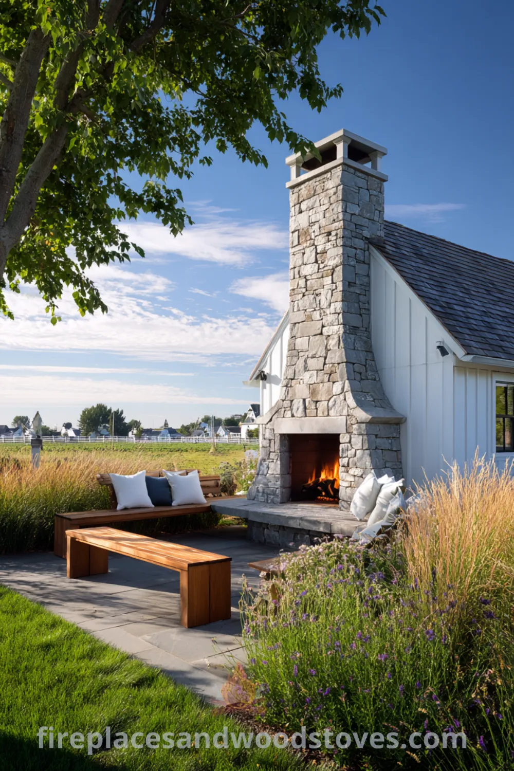 Outdoor space featuring a classic farmhouse outdoor fireplace, built-in wooden benches, lush grasses, and wildflowers with warm fire glow. 