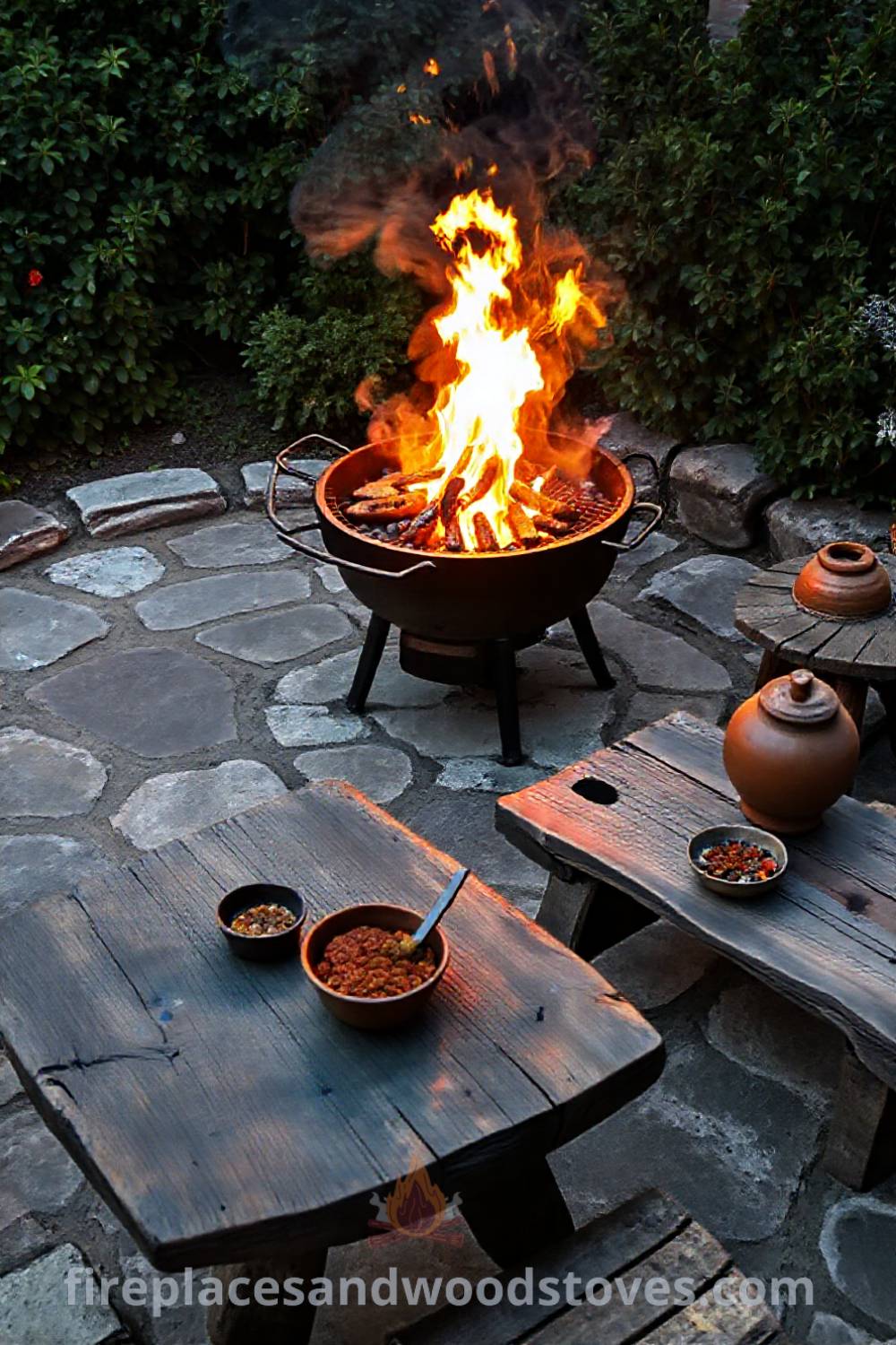 Traditional Turkish mangal barbecue on a stone patio surrounded by greenery, showcasing a cozy outdoor dining setup with wooden tables, spices, and clay pots. Visit patioandhomefurniture.com for stylish outdoor design ideas that will wow your guests.