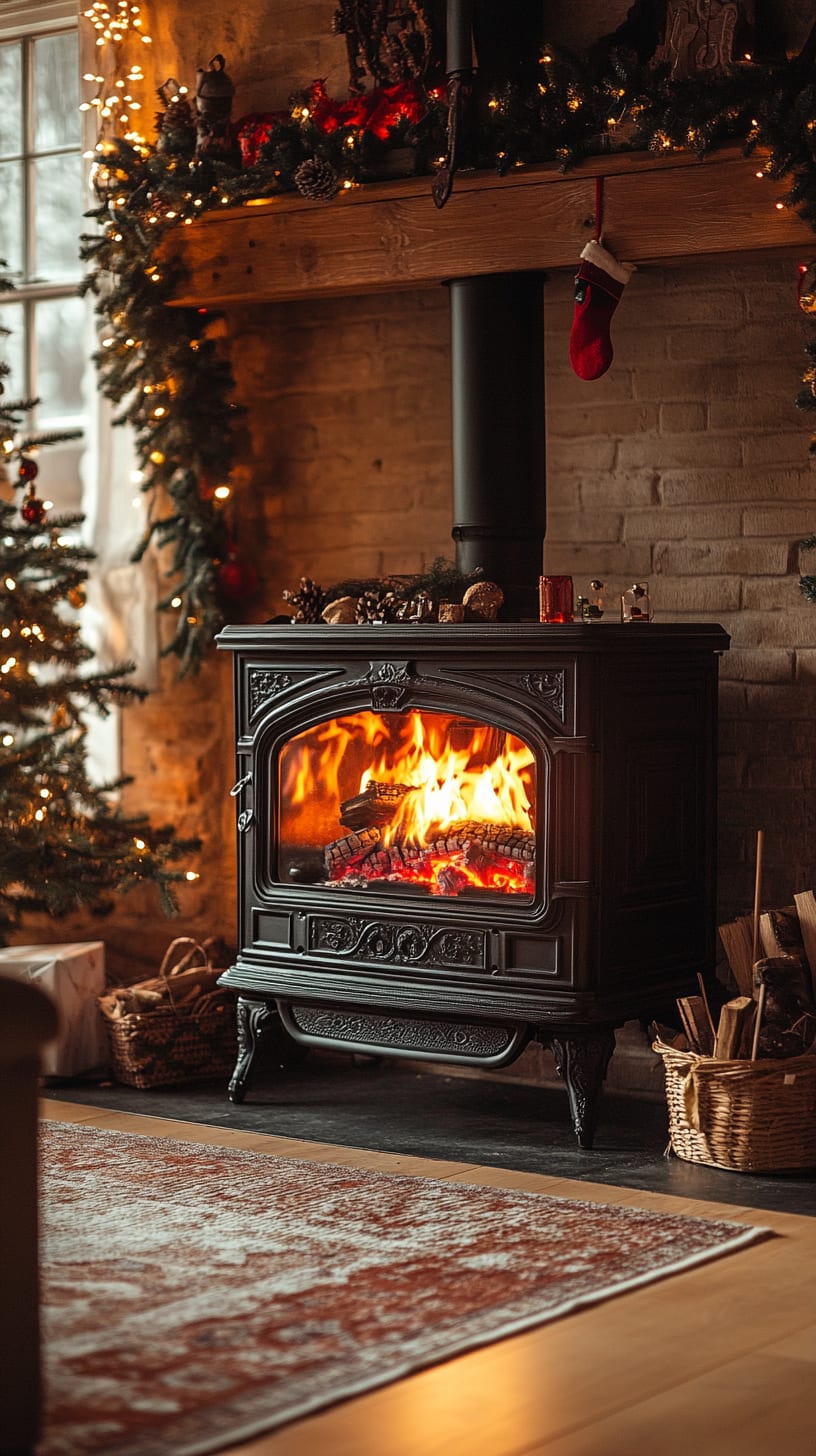 A vintage wood stove burning in a cozy living room decorated for Christmas, with stockings, garlands, and a warm ambiance.