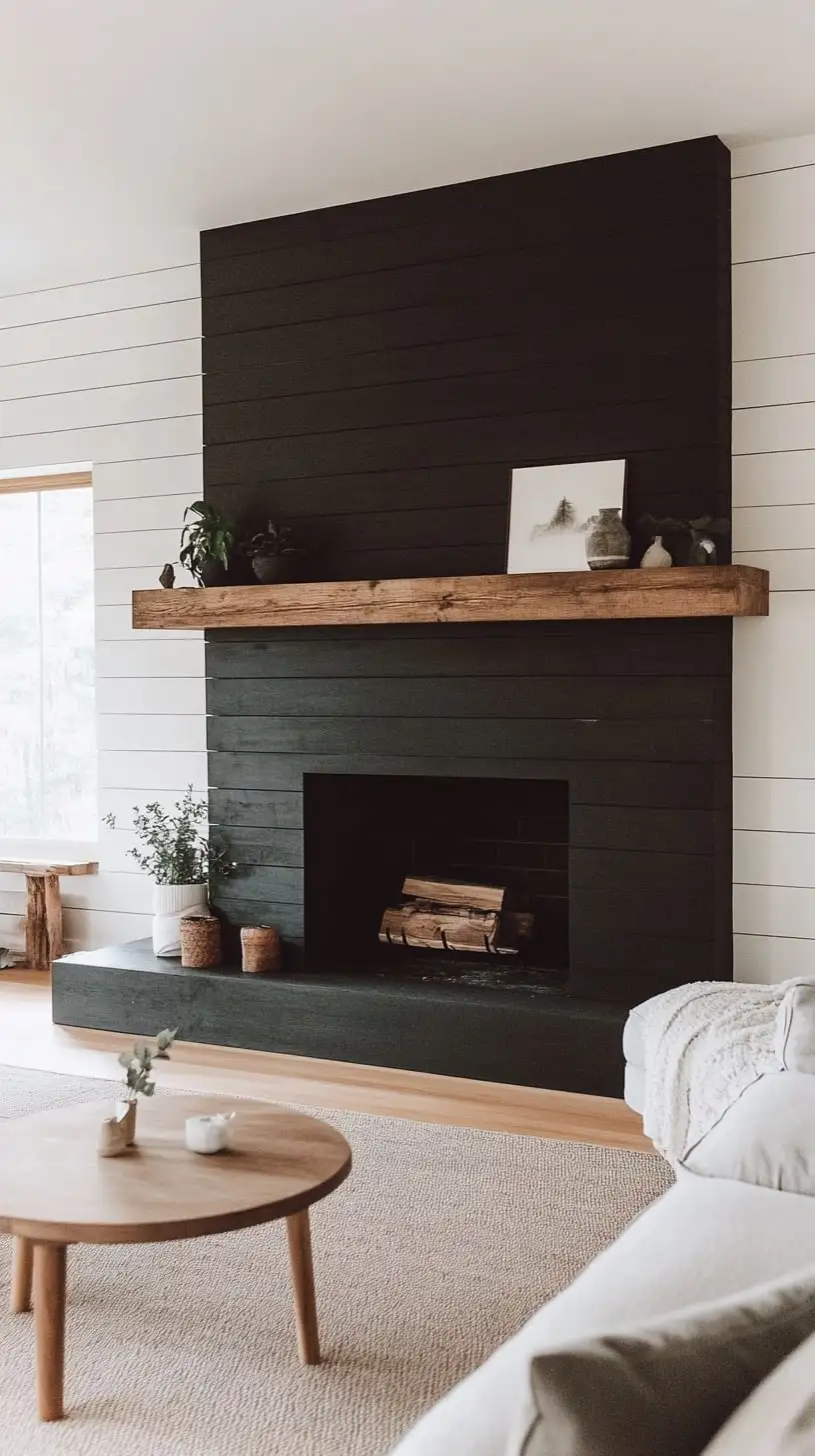 A modern farmhouse living room featuring a black shiplap fireplace with wood accents, surrounded by neutral decor and ample natural lighting.