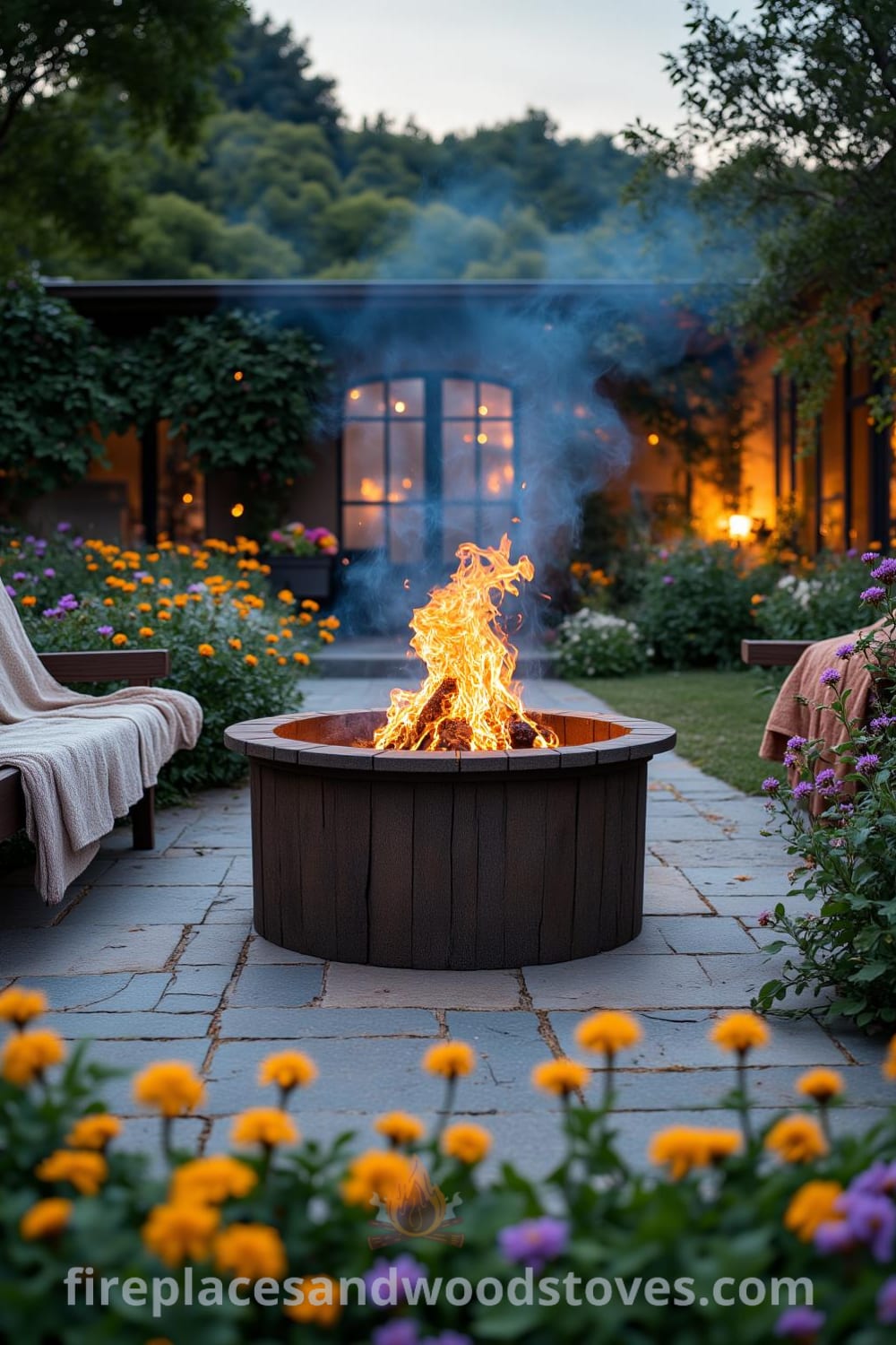 Rustic fire pit at the heart of a tranquil garden, surrounded by wooden benches and soft blankets, illuminated by warm flames, with wildflowers framing the scene under a starry sky. Visit fireplacesandwoodstoves.com for cozy ideas and unique decor inspirations.