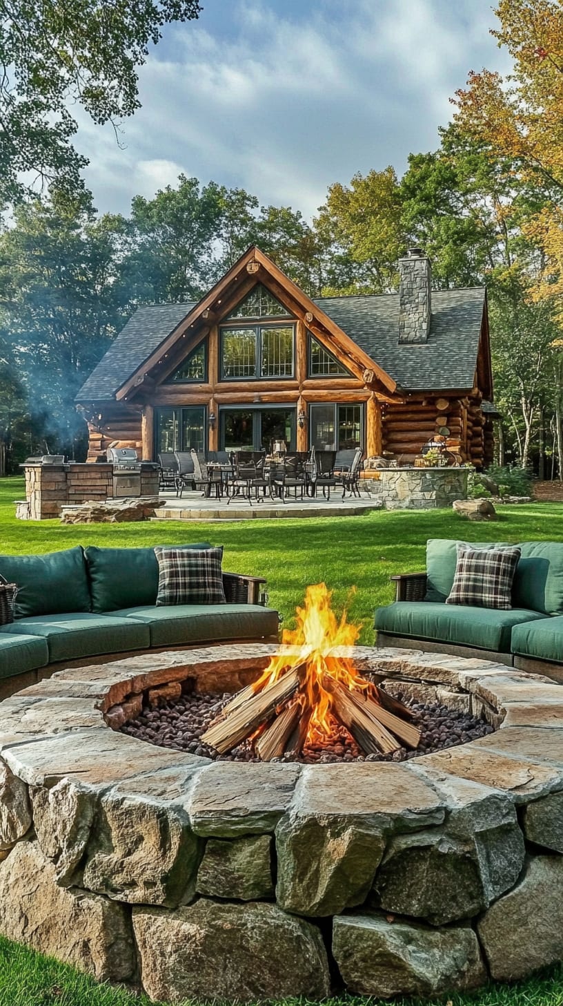 A rustic stone fire pit surrounded by plush green cushions and seating areas in front of a charming log cabin, set in a picturesque outdoor environment.