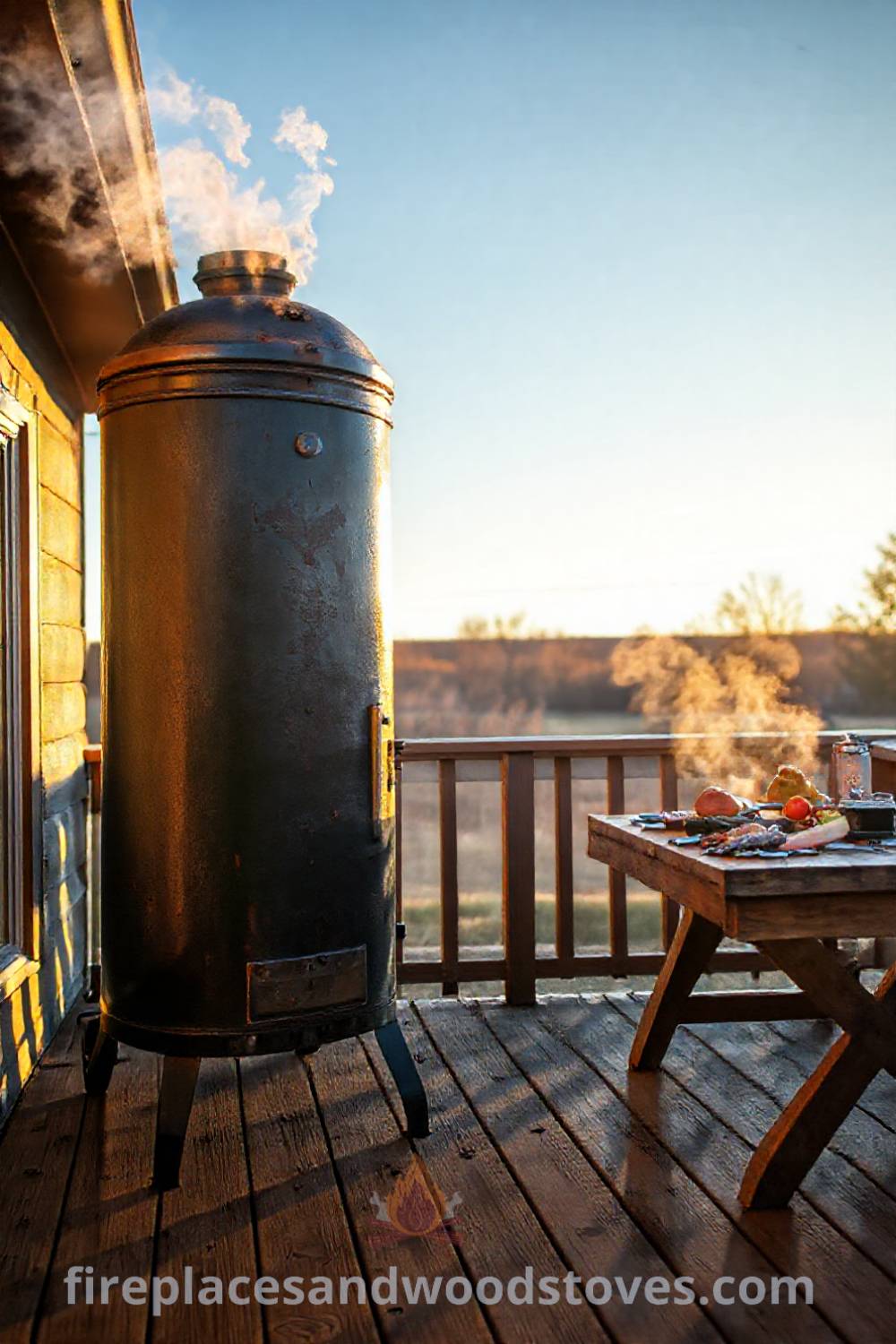 Vertical smoker barbecue on a wooden deck with a rustic appearance, surrounded by grilling tools and fresh ingredients, set against a warm sunset glow, creating a cozy outdoor gathering space. Visit patioandhomefurniture.com for stylish outdoor design ideas that will wow your guests.
