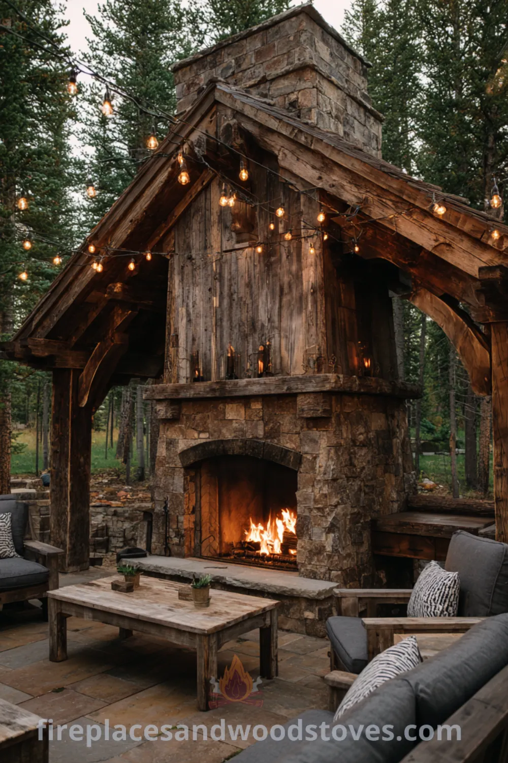 Rustic outdoor fireplace with distressed wood, heavy timber beams, warm fire glow, and cozy outdoor space atmosphere.