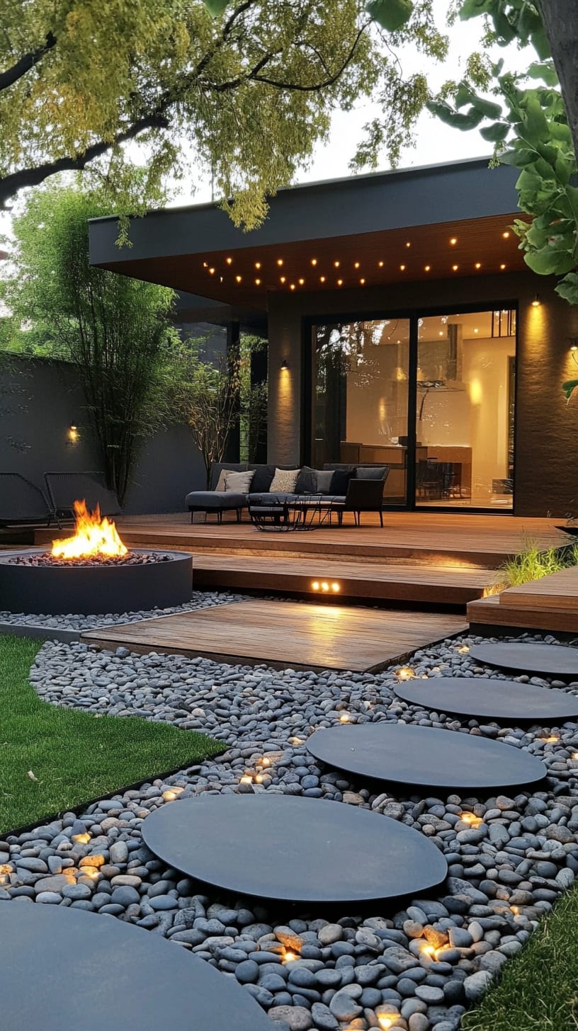 A modern garden featuring a black wood deck, fire pit surrounded by natural stones, and lush green grass, creating an inviting outdoor retreat.