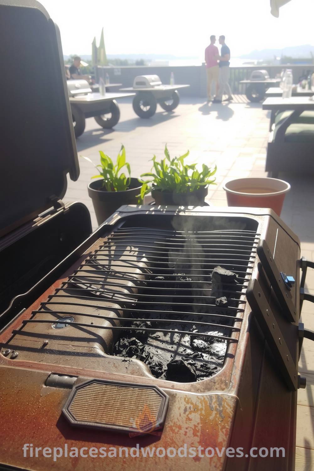 A well-used barbecue on a sun-drenched patio, with traces of grease and ash, surrounded by vibrant potted herbs, creating a cozy outdoor cooking environment that inspires unique ideas for your home. Visit fireplacesandwoodstoves.com for decor ideas.