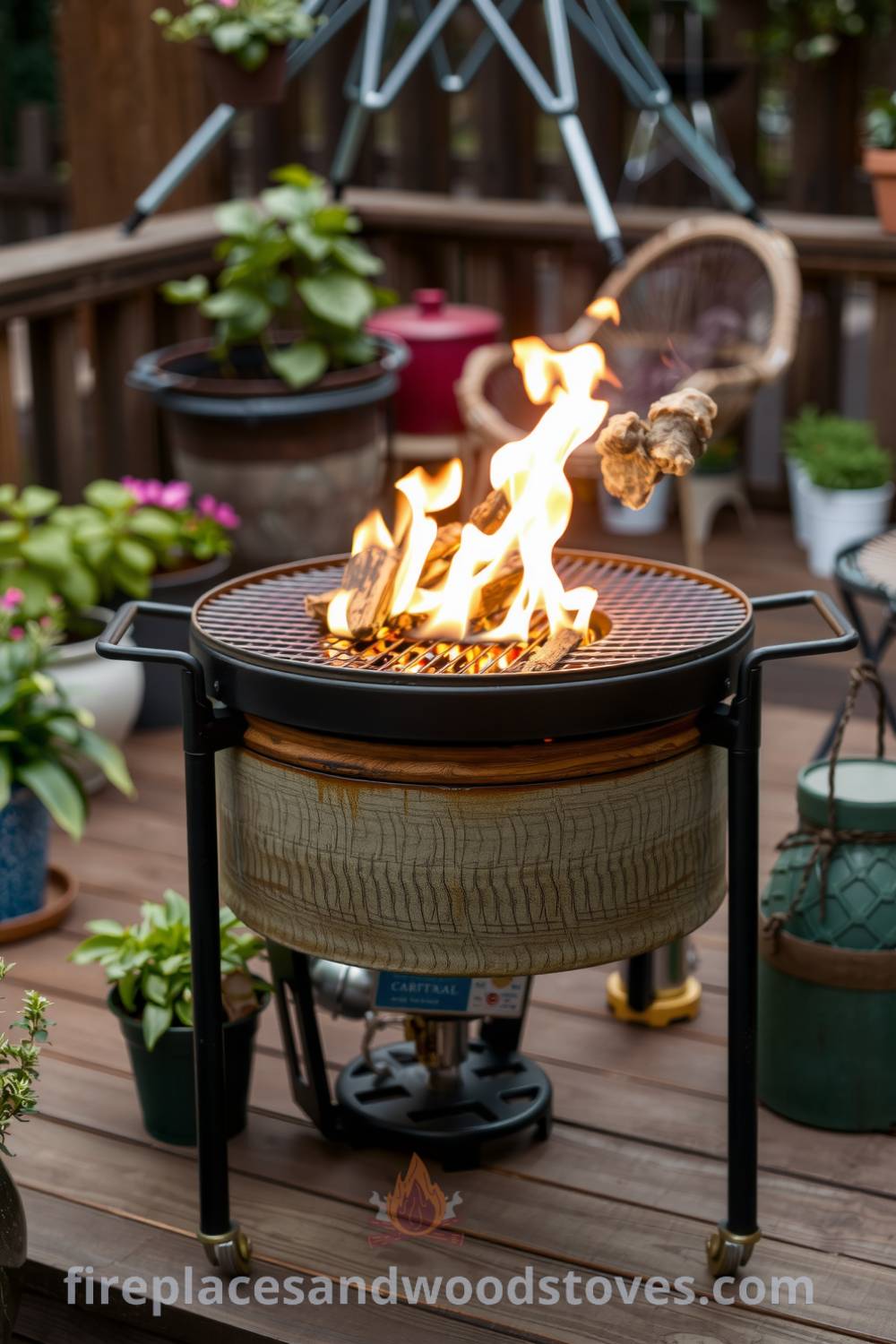 Cozy barbecue setup on a wooden deck surrounded by potted herbs and plants, featuring a grill with hints of past meals and gentle flames, providing a warm, inviting atmosphere for outdoor gatherings. Find more cozy home decor ideas at fireplacesandwoodstoves.com.