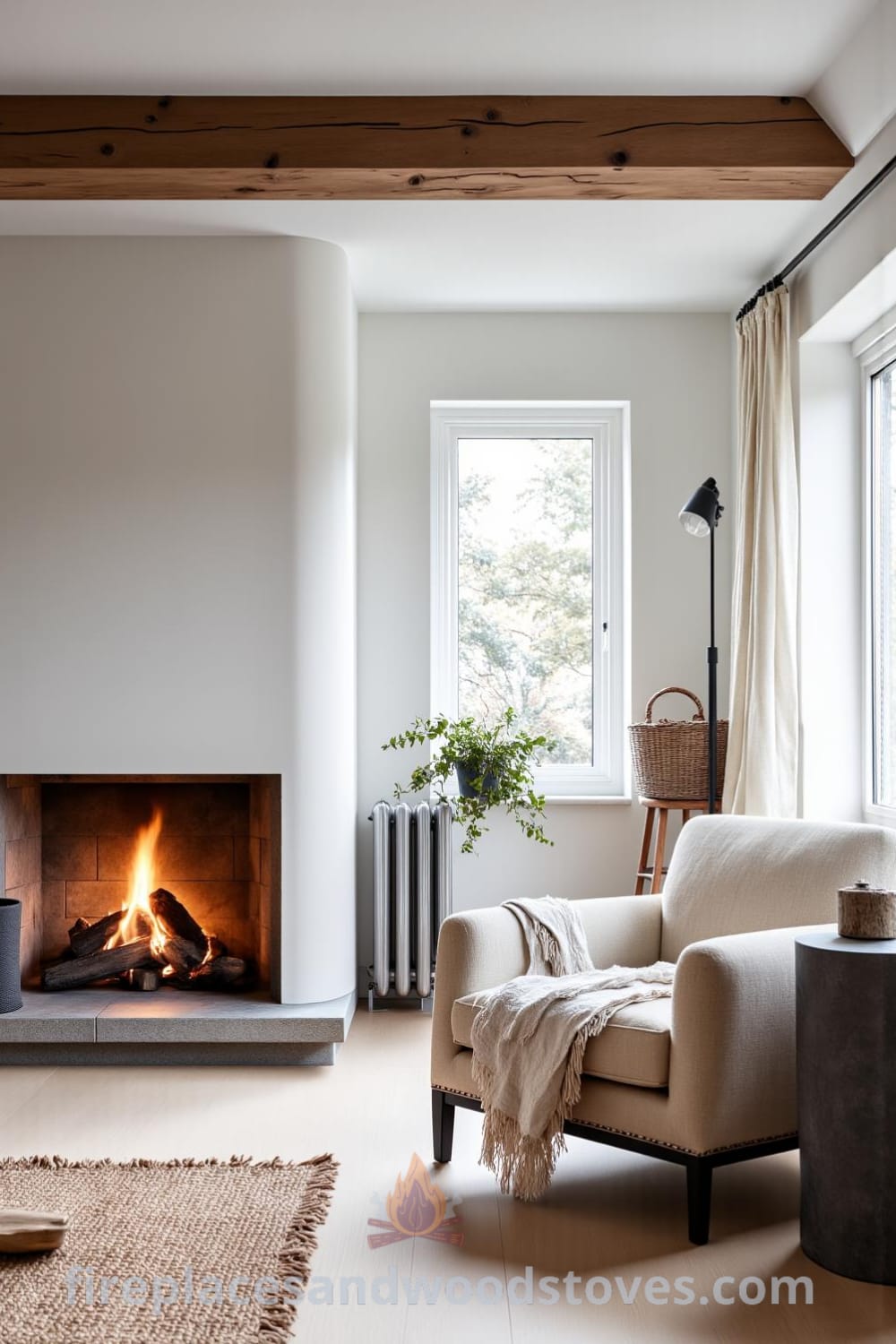 Whitewashed Scandinavian fireplace in a cozy living room, showcasing a lively fire, soft textiles, rugged wooden beams, and a warm atmosphere, featuring cozy ideas for home decor inspirations at fireplacesandwoodstoves.com.