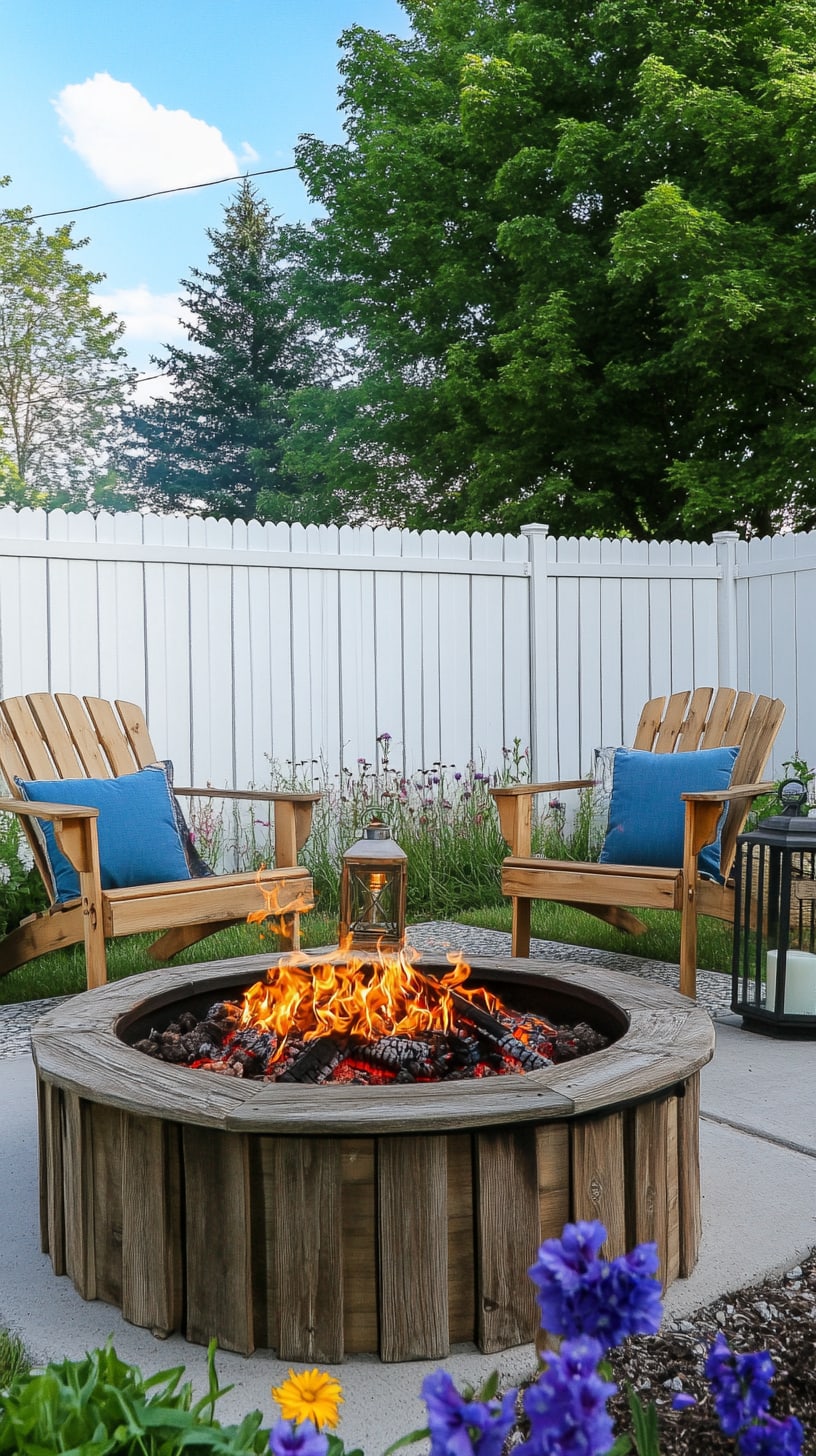 A cozy backyard scene featuring a rustic wooden fire pit surrounded by comfortable chairs with blue cushions, set against a white picket fence, lush green grass, and blooming flowers.