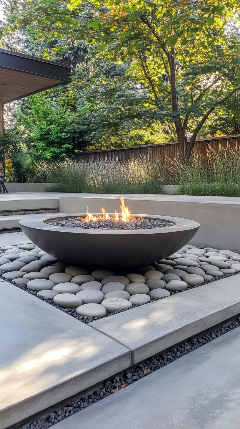 A modern fire bowl sitting atop a concrete patio, surrounded by smooth river rocks and tall grasses, creating a cozy outdoor ambiance.