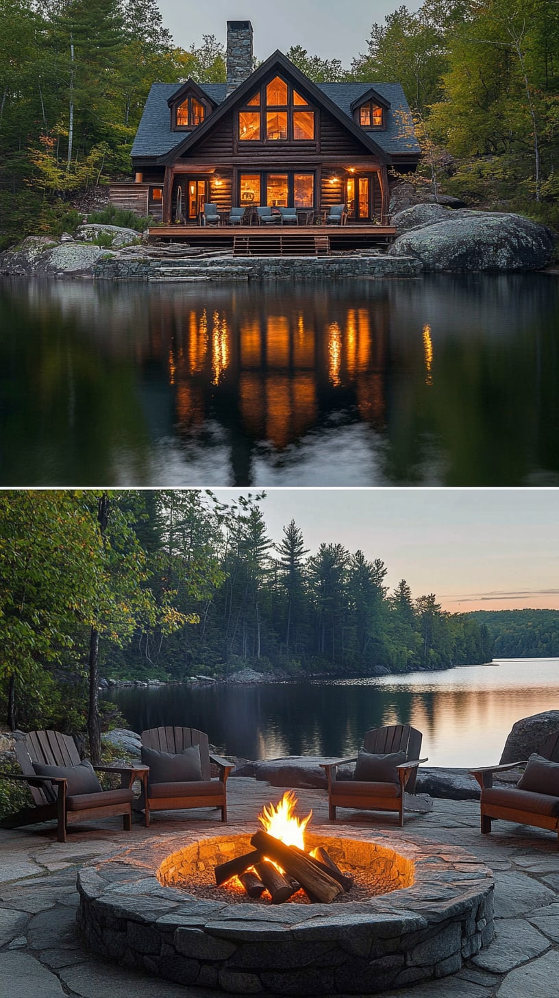 A cozy lakehouse featuring a stone fire pit surrounded by wooden chairs, nestled near a serene emerald lake and lush trees, illuminated by warm light from large windows as dusk approaches.