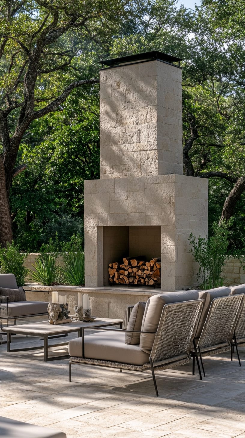 A large outdoor fireplace made of pale limestone in a covered patio, surrounded by seating and trees, creating a cozy outdoor ambiance.