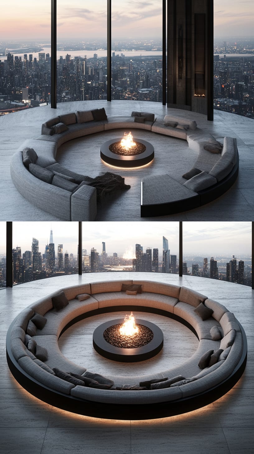 A circular sofa with a built-in fire pit at the center of an open-plan living room, showcasing floor-to-ceiling windows that overlook the New York City skyline.