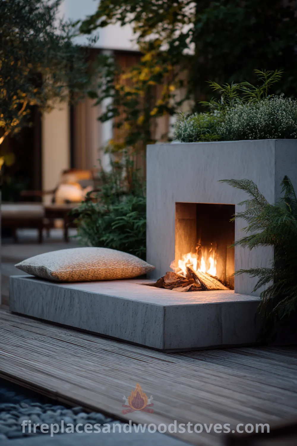 Scandinavian outdoor fireplace with natural stone, light wood, and cozy elements perfect for a serene scandinavian garden.