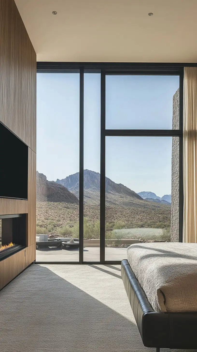 A modern luxury bedroom with black leather furnishings, large glass sliding doors, and a view of the Arizona desert mountains, surrounded by minimalist decor in warm tones.
