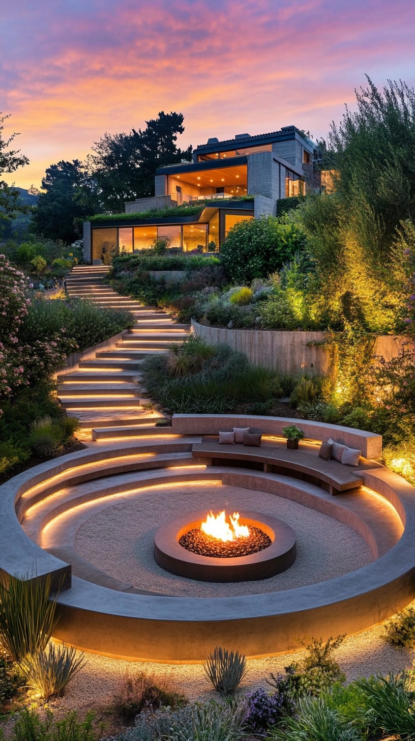 A modern garden featuring a circular fire pit surrounded by seating, illuminated steps, and lush landscaping overlooking the San Francisco Bay during sunset.