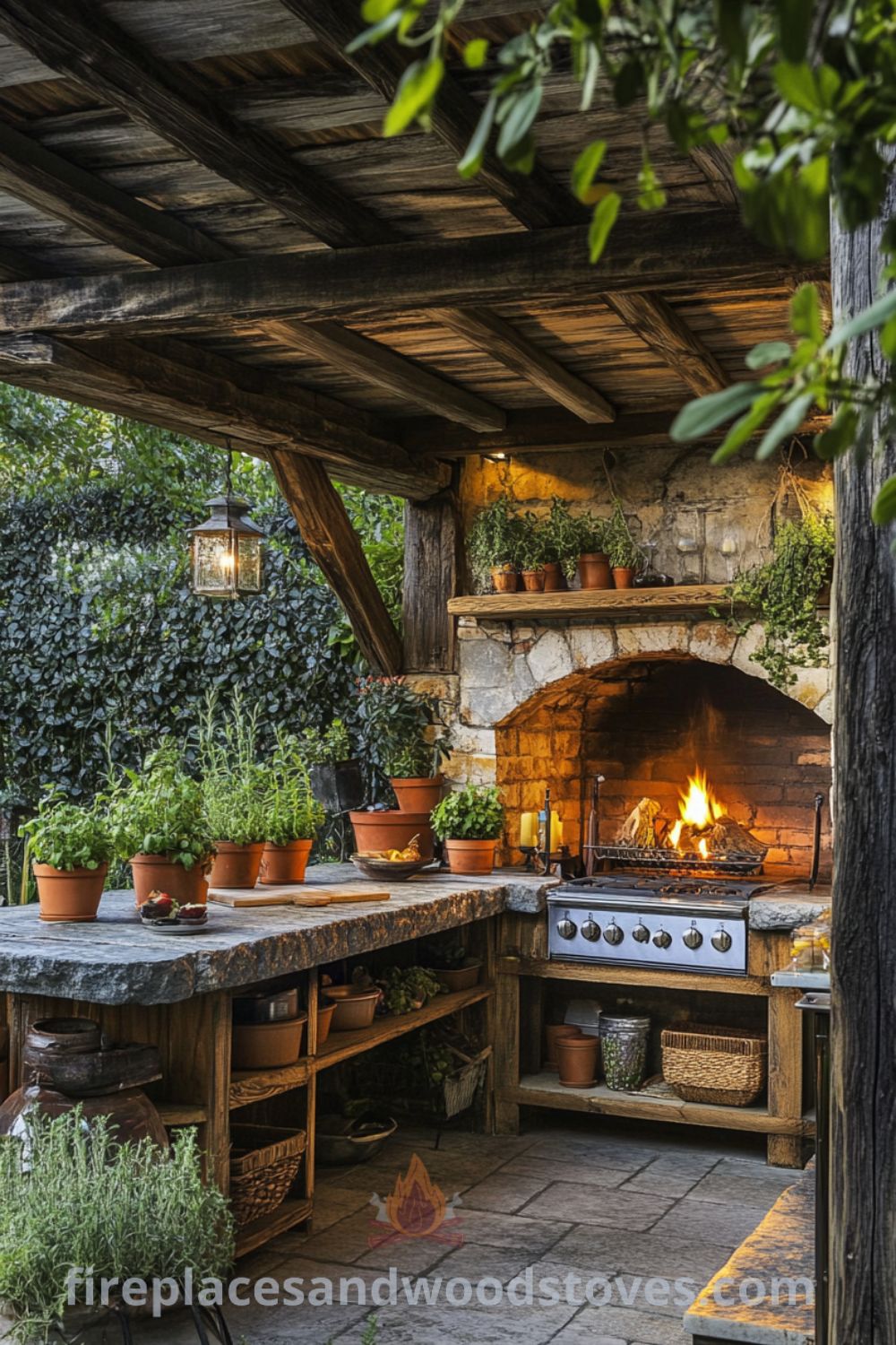 Outdoor kitchen with wood-burning fireplace on fireplacesandwoodstoves.com, showcasing a charming stone fireplace, rustic design ideas, and cozy inspirations for outdoor gatherings.