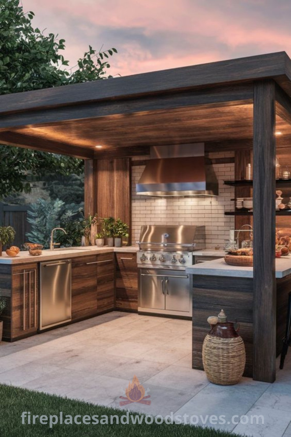 An outdoor kitchen with bar seating and a pergola, designed for evening entertainment, showcasing modern outdoor kitchen design ideas that inspire creativity. Explore more stylish options for your backyard at patioandhomefurniture.com.