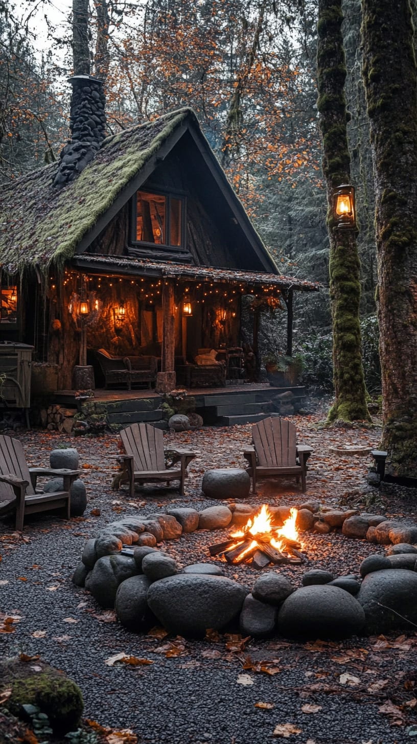 A cozy cabin in the woods with a mossy roof and walls, featuring a fire pit with wooden chairs, surrounded by autumn leaves and fairy lights.