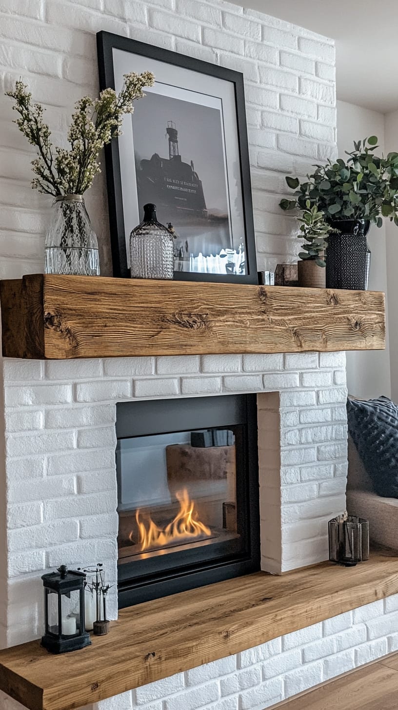 A cozy modern farmhouse fireplace with white brick walls, a rustic wooden shelf holding potted plants and framed artwork, and a lit fire inside the chimney.
