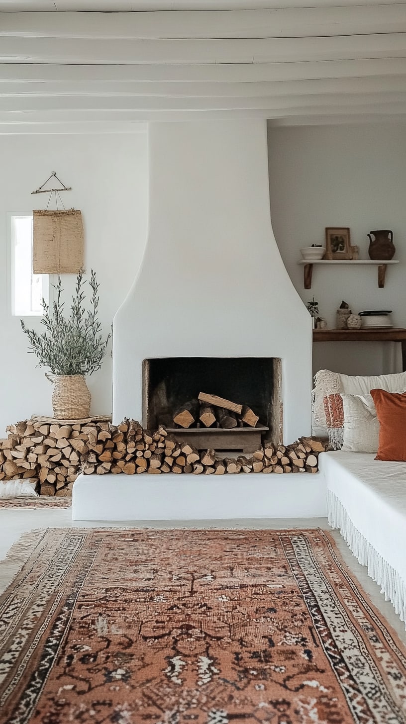 A cozy bohemian-style living room with a white fireplace, Persian rug, stacked firewood, and soft, neutral tones.