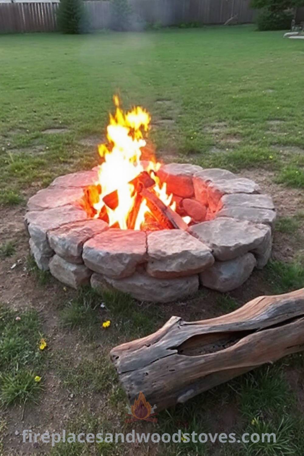 Rustic stone fire pit surrounded by wildflowers and uneven grass in a cozy backyard setting, inviting friends to gather for warmth and comfort. Visit patioandhomefurniture.com for incredible outdoor design ideas that will wow your guests.