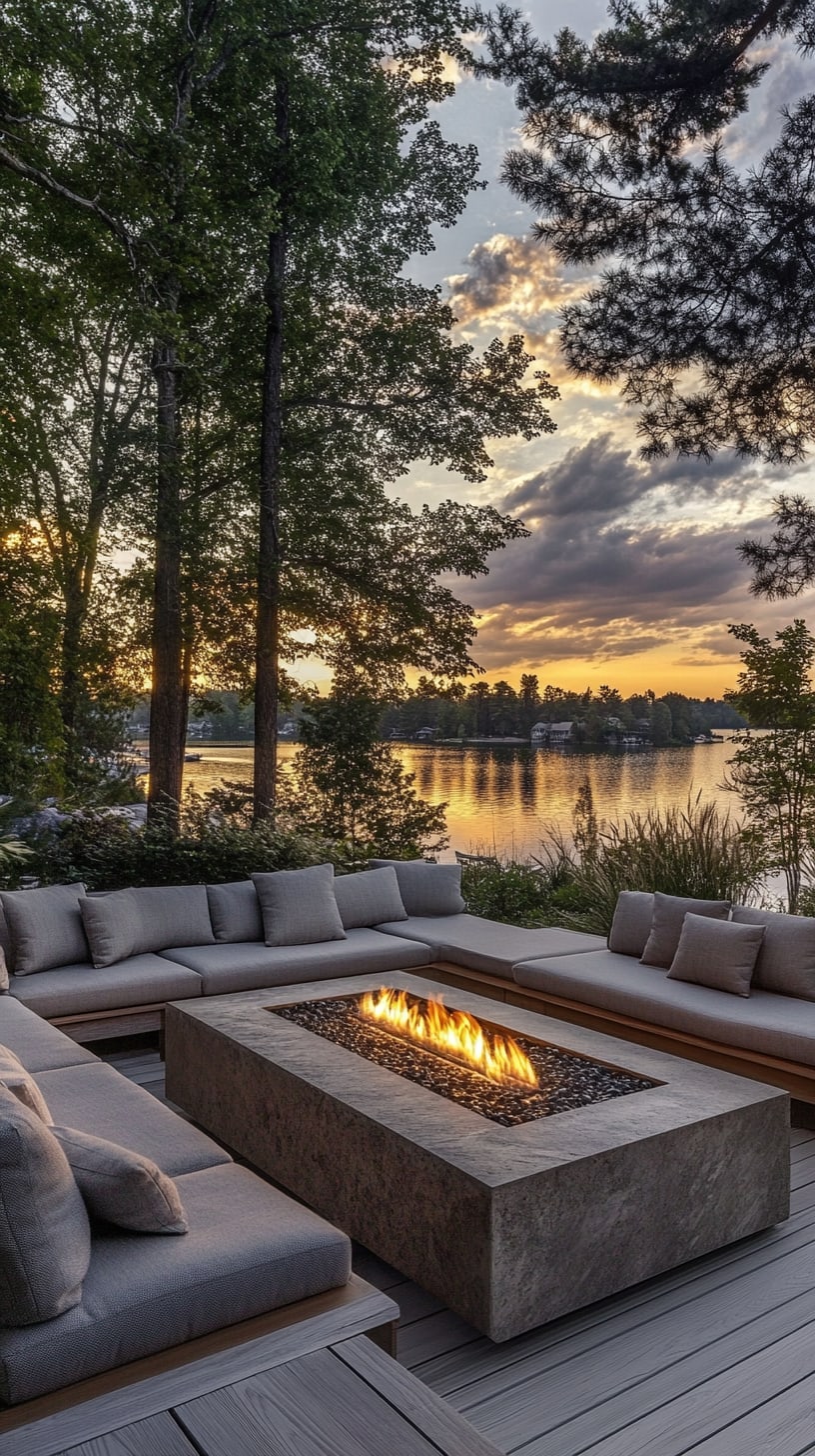 A beautiful outdoor seating area by a lake with a modern concrete fire pit surrounded by gray sofas, lush trees, and a sunset view.