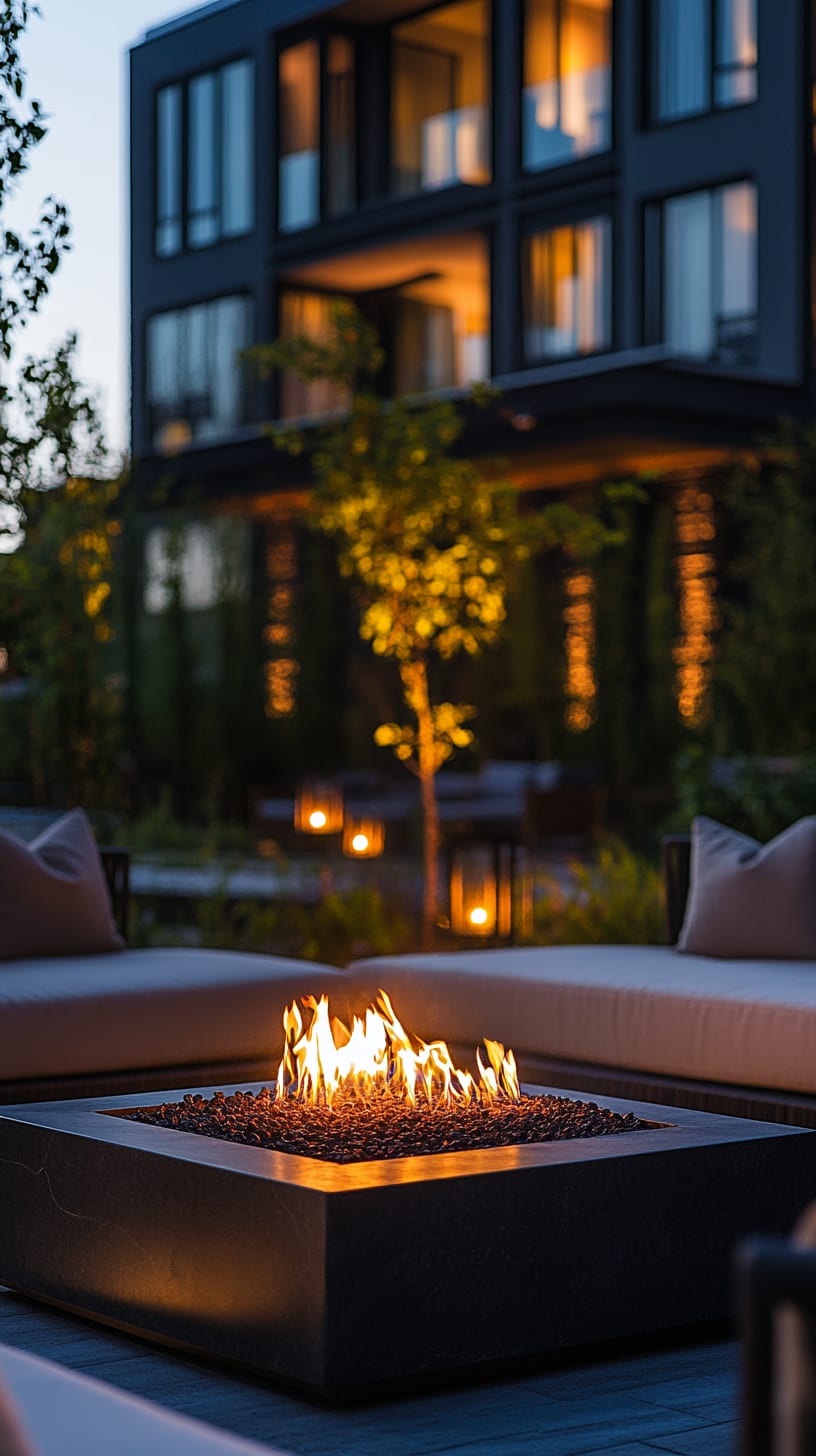 A modern outdoor fire pit surrounded by comfortable seating with warm lighting, creating a cozy atmosphere against the backdrop of an upscale apartment building at dusk.