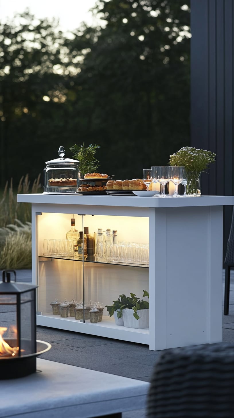 A stylish white outdoor bar with glass doors and shelves, set on a terrace with food and drinks, surrounded by garden plants and a fire pit.
