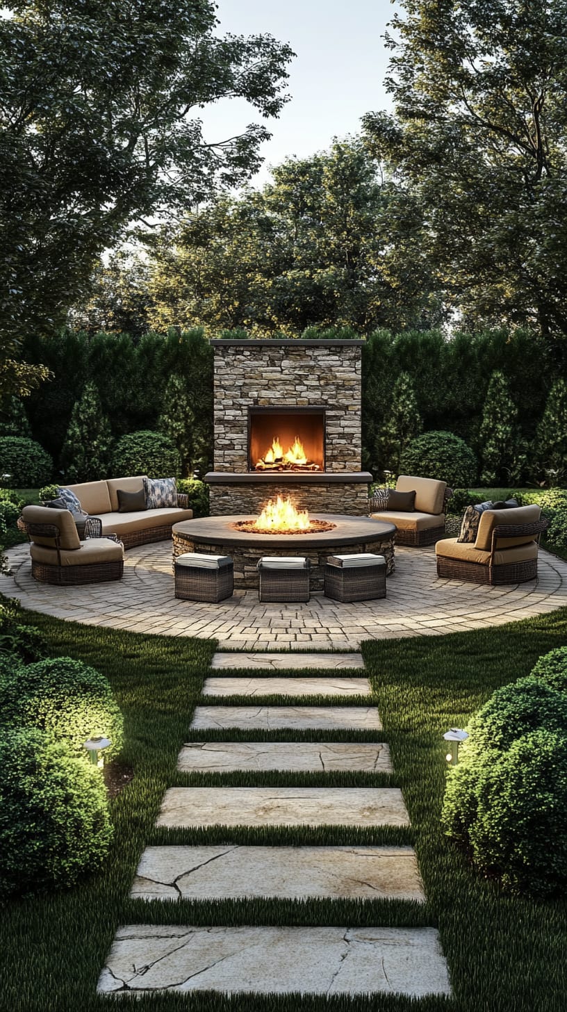 A luxurious outdoor fire pit surrounded by comfortable seating in an elegant garden with lush greenery and natural stone walls.