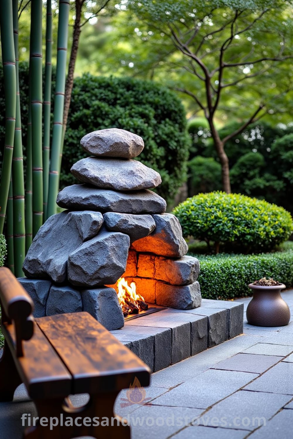 Japanese Zen outside fireplace crafted from smooth river stones in a peaceful garden, surrounded by bamboo and trimmed shrubs with gentle flames flickering, creating a cozy atmosphere perfect for quiet contemplation, featuring a rustic wooden bench nearby, ideal for garden decor ideas. Visit fireplacesandwoodstoves.com for more inspiring designs.