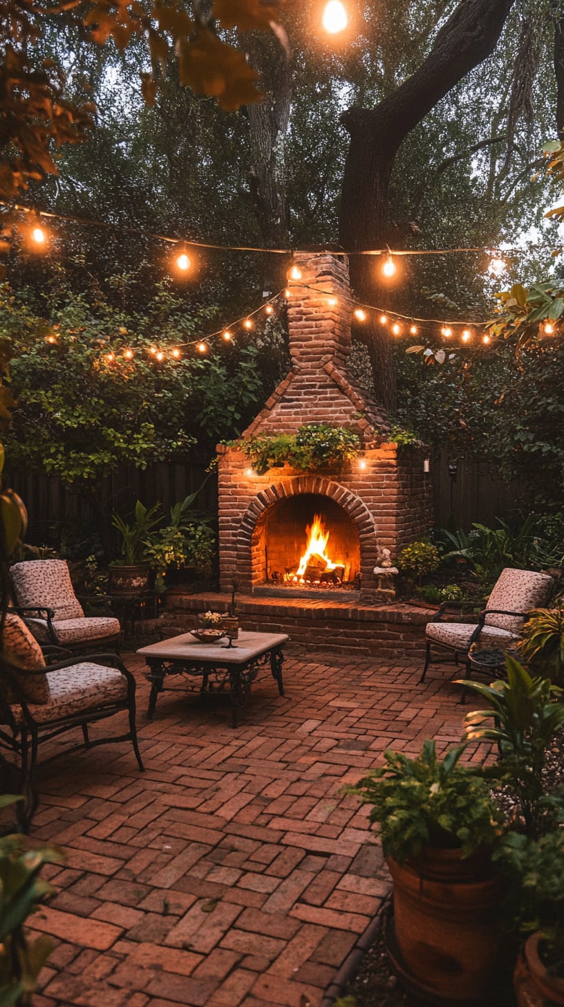 A cozy outdoor fireplace nestled in an old brick patio, surrounded by comfortable chairs and glowing string lights, set for evening gatherings.
