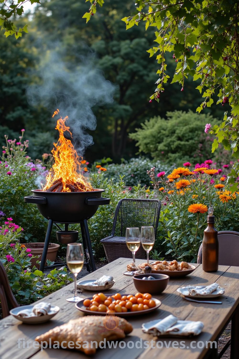 Rustic wrought iron barbecue set in a vibrant garden with wildflowers and lush greenery, alongside a sturdy wooden table, creating a cozy atmosphere for outdoor gatherings, perfect for inspiring decor ideas for your home at fireplacesandwoodstoves.com.