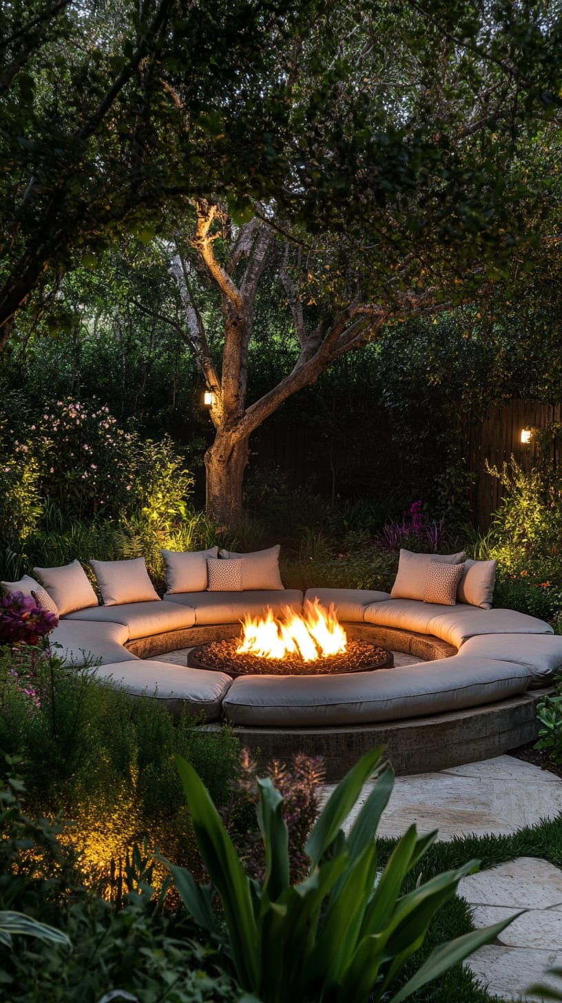 A cozy circular fire pit surrounded by comfortable seating in a lush garden at night, illuminated by soft lighting.