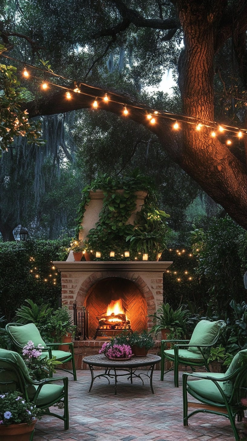 An inviting outdoor fireplace surrounded by string lights and green chairs, set in a lush garden context typical of New Orleans, creating a cozy and romantic atmosphere.