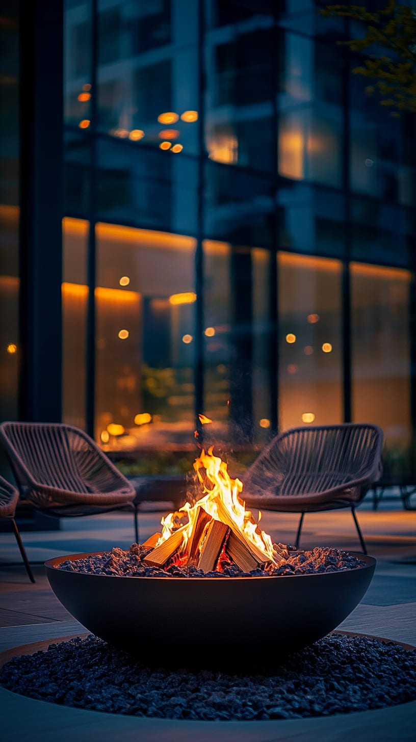 A modern fire pit illuminated at night, surrounded by comfortable chairs in an outdoor courtyard with a glass building facade in the background.