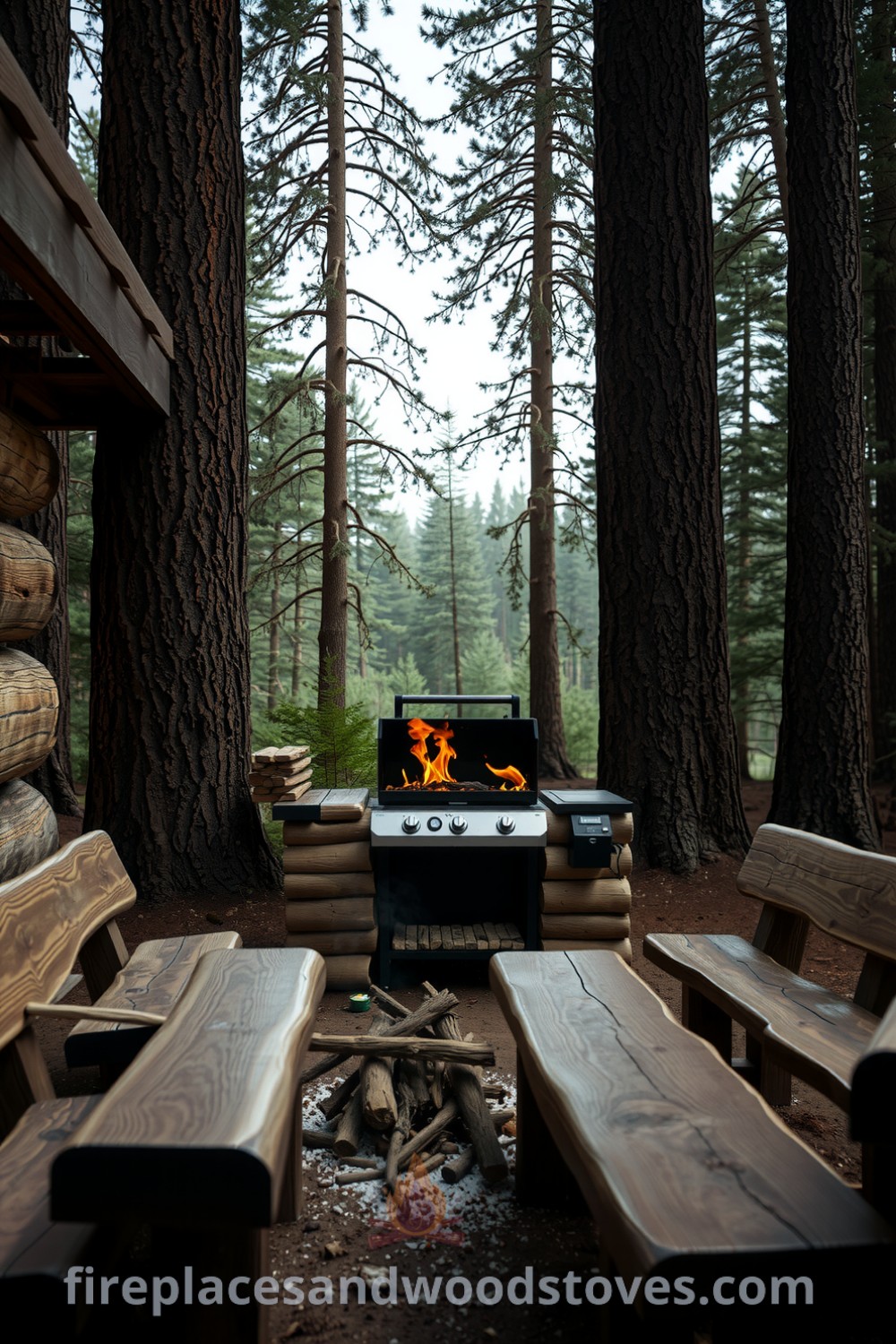 Log-built barbecue in a secluded forest clearing surrounded by tall pines, featuring rustic wooden benches and flickering flames, creating a cozy outdoor atmosphere for memorable gatherings, ideal for inspiring cozy home design ideas at fireplacesandwoodstoves.com.