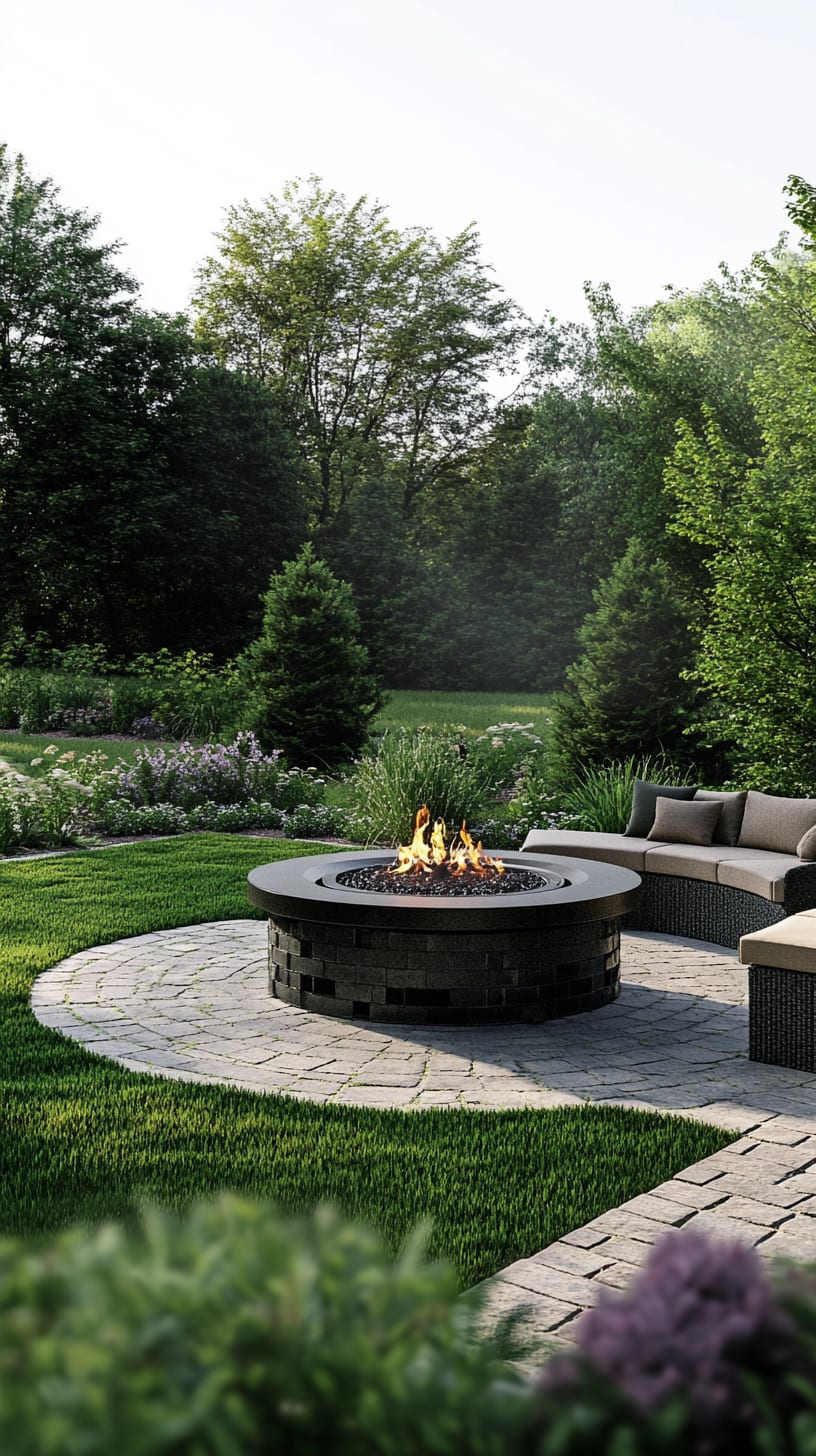 A serene outdoor seating area featuring a large round fire pit, surrounded by vibrant flowers and lush green grass, inviting relaxation and social gatherings.