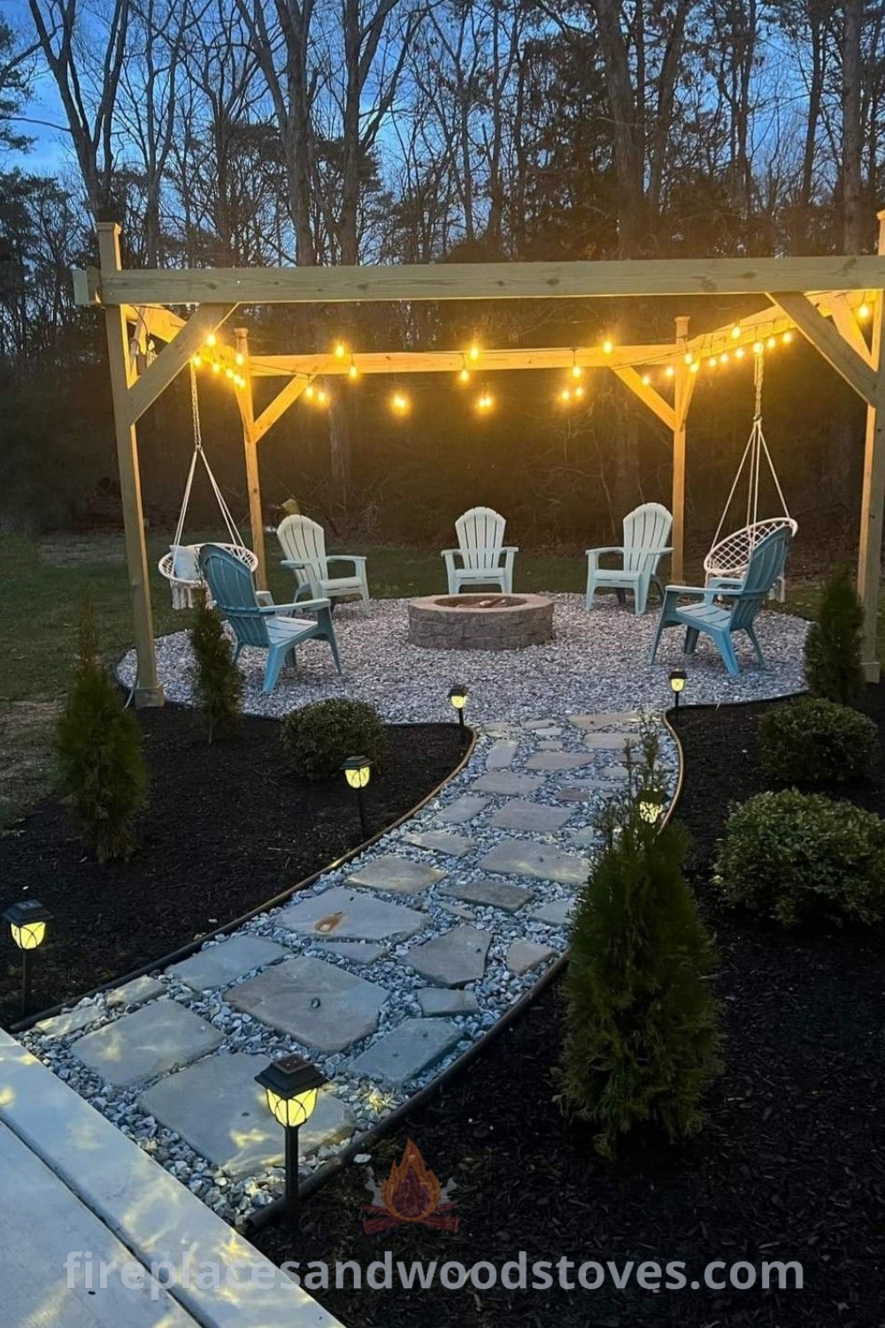 An outdoor patio featuring a cozy fire pit with chairs surrounded by twinkling string lights under a pergola, ideal for a simple outdoor entertaining area. Discover more backyard fire pit ideas at patioandhomefurniture.com.