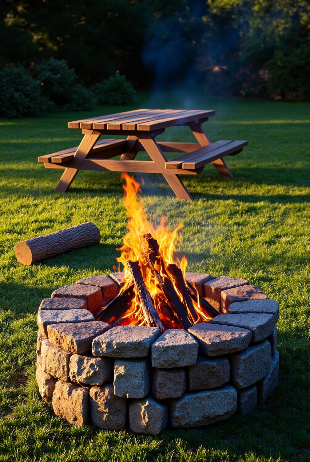 Rustic stone fire pit in a grassy backyard with flickering flames, casting a warm glow on a wooden picnic table, surrounded by scattered logs and soft shadows, creating a cozy atmosphere ideal for outdoor gatherings, inspiring design ideas for your home at fireplacesandwoodstoves.com.