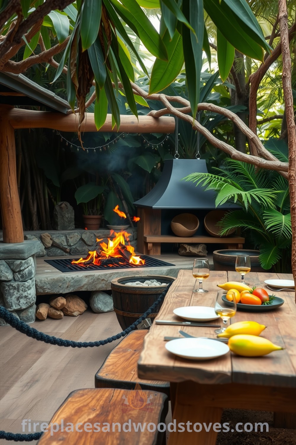 Outdoor barbecue made from natural wood and rough-hewn stones in a lush jungle, complete with a wooden table set with tropical fruits and mismatched plates, creating a cozy atmosphere full of unique ideas for your home, featured on fireplacesandwoodstoves.com.